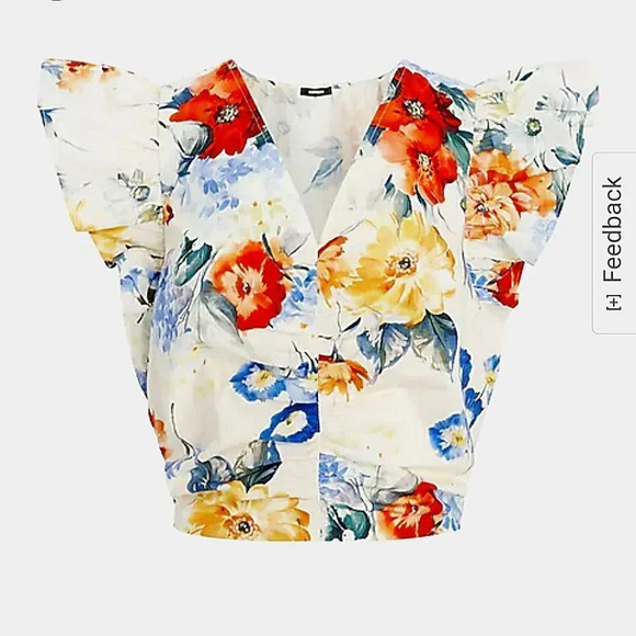 Express Floral V-Neck Flutter Sleeve Ruched Top Multi-Color For Women's Small - Picture 9 of 13
